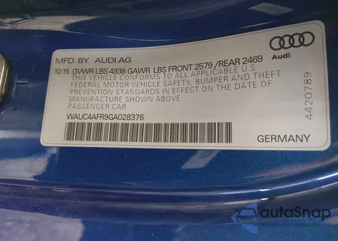 2016 Audi S5 3.0T Premium Plus z USA, uszkodzony, nr VIN WAUC4AFR9GA028376